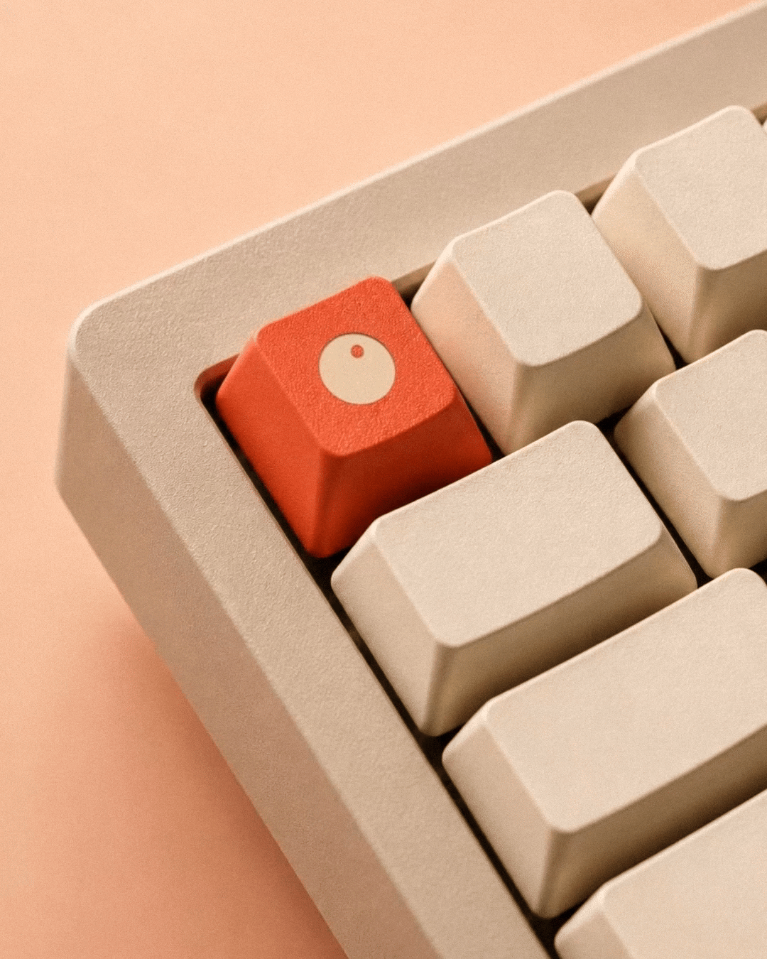 An animated red key with the Dotto monogram on a cream keyboard.